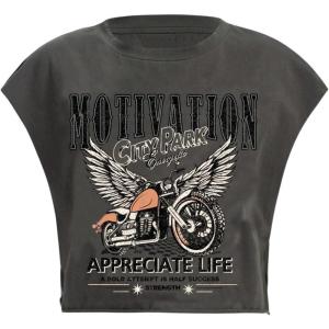 image:imageGORGLITTER Womens Graphic Print Cap Sleeve Crop Top Casual Round Neck Short Sleeve TShirtGrey Letter  Motorcycle