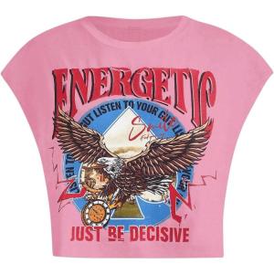 image:imageGORGLITTER Womens Graphic Print Cap Sleeve Crop Top Casual Round Neck Short Sleeve TShirtHot Pink