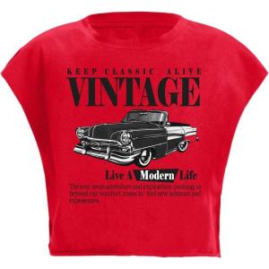 image:imageGORGLITTER Womens Graphic Print Cap Sleeve Crop Top Casual Round Neck Short Sleeve TShirtRed Car  Letter