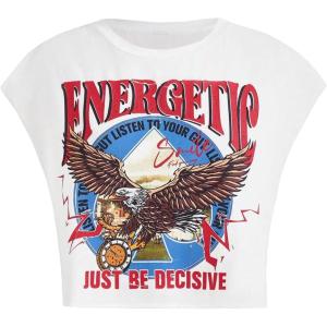 image:imageGORGLITTER Womens Graphic Print Cap Sleeve Crop Top Casual Round Neck Short Sleeve TShirtWhite