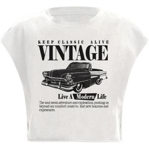 image:imageGORGLITTER Womens Graphic Print Cap Sleeve Crop Top Casual Round Neck Short Sleeve TShirtWhite Car  Letter