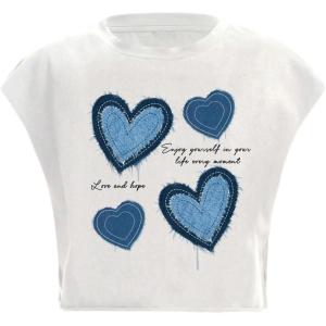 image:imageGORGLITTER Womens Graphic Print Cap Sleeve Crop Top Casual Round Neck Short Sleeve TShirtWhite Heart  Letter
