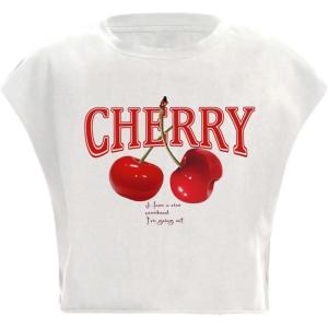 image:imageGORGLITTER Womens Graphic Print Cap Sleeve Crop Top Casual Round Neck Short Sleeve TShirtWhite Letter  Cherry