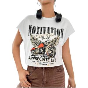 image:imageGORGLITTER Womens Graphic Print Cap Sleeve Crop Top Casual Round Neck Short Sleeve TShirtWhite Letter  Motorcycle