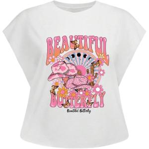 image:imageGORGLITTER Womens Graphic Print Cap Sleeve Crop Top Casual Round Neck Short Sleeve TShirtWhite Mushroom  Letter