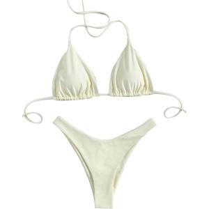 image:imageGORGLITTER Womens High Waisted Thong Bikini Set Halter Triangle Tie Back Swimsuit Bathing SuitApricot