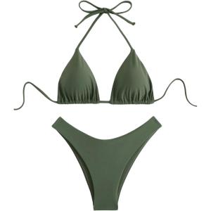 image:imageGORGLITTER Womens High Waisted Thong Bikini Set Halter Triangle Tie Back Swimsuit Bathing SuitArmy Green