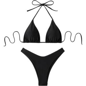 image:imageGORGLITTER Womens High Waisted Thong Bikini Set Halter Triangle Tie Back Swimsuit Bathing SuitBlack