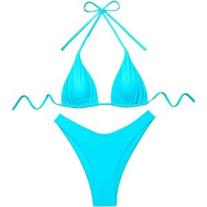 image:imageGORGLITTER Womens High Waisted Thong Bikini Set Halter Triangle Tie Back Swimsuit Bathing SuitBlue