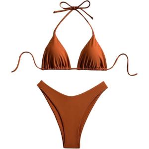 image:imageGORGLITTER Womens High Waisted Thong Bikini Set Halter Triangle Tie Back Swimsuit Bathing SuitBrown