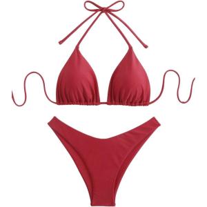 image:imageGORGLITTER Womens High Waisted Thong Bikini Set Halter Triangle Tie Back Swimsuit Bathing SuitBurgundy