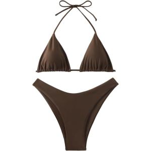 image:imageGORGLITTER Womens High Waisted Thong Bikini Set Halter Triangle Tie Back Swimsuit Bathing SuitCoffee Brown