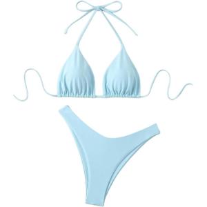 image:imageGORGLITTER Womens High Waisted Thong Bikini Set Halter Triangle Tie Back Swimsuit Bathing SuitLight Blue