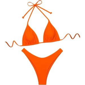 image:imageGORGLITTER Womens High Waisted Thong Bikini Set Halter Triangle Tie Back Swimsuit Bathing SuitOrange