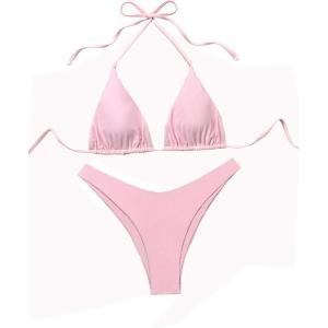 image:imageGORGLITTER Womens High Waisted Thong Bikini Set Halter Triangle Tie Back Swimsuit Bathing SuitPink