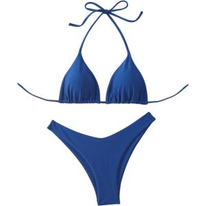 image:imageGORGLITTER Womens High Waisted Thong Bikini Set Halter Triangle Tie Back Swimsuit Bathing SuitPlain Blue
