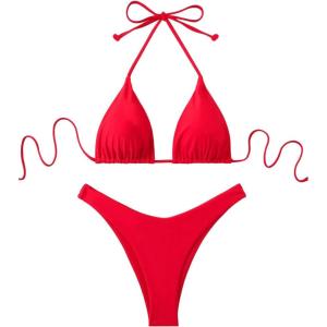 image:imageGORGLITTER Womens High Waisted Thong Bikini Set Halter Triangle Tie Back Swimsuit Bathing SuitRed