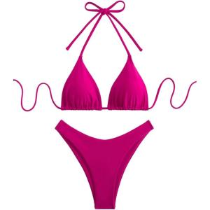 image:imageGORGLITTER Womens High Waisted Thong Bikini Set Halter Triangle Tie Back Swimsuit Bathing SuitRed Violet