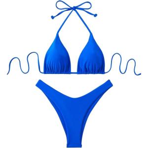 image:imageGORGLITTER Womens High Waisted Thong Bikini Set Halter Triangle Tie Back Swimsuit Bathing SuitRoyal Blue