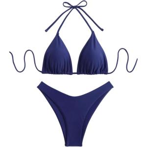 image:imageGORGLITTER Womens High Waisted Thong Bikini Set Halter Triangle Tie Back Swimsuit Bathing SuitSolid Blue