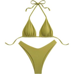 image:imageGORGLITTER Womens High Waisted Thong Bikini Set Halter Triangle Tie Back Swimsuit Bathing SuitSolid Green