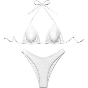 image:imageGORGLITTER Womens High Waisted Thong Bikini Set Halter Triangle Tie Back Swimsuit Bathing SuitWhite