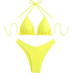 image:imageGORGLITTER Womens High Waisted Thong Bikini Set Halter Triangle Tie Back Swimsuit Bathing SuitYellow