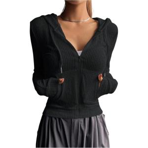 image:imageGORGLITTER Womens Lightweight Zip Up Hoodie Drawstring Long Sleeve Cropped JacketBlack