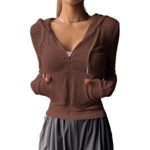 image:imageGORGLITTER Womens Lightweight Zip Up Hoodie Drawstring Long Sleeve Cropped JacketBrown