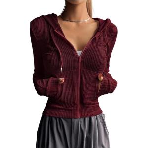 image:imageGORGLITTER Womens Lightweight Zip Up Hoodie Drawstring Long Sleeve Cropped JacketBurgundy