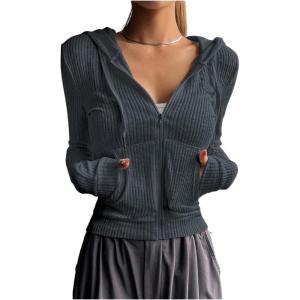 image:imageGORGLITTER Womens Lightweight Zip Up Hoodie Drawstring Long Sleeve Cropped JacketDark Grey