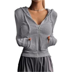 image:imageGORGLITTER Womens Lightweight Zip Up Hoodie Drawstring Long Sleeve Cropped JacketGrey