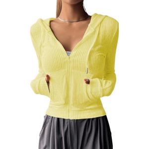 image:imageGORGLITTER Womens Lightweight Zip Up Hoodie Drawstring Long Sleeve Cropped JacketPale Yellow