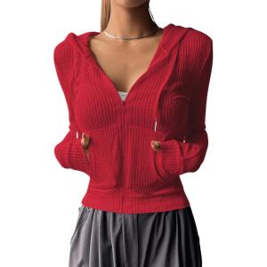 image:imageGORGLITTER Womens Lightweight Zip Up Hoodie Drawstring Long Sleeve Cropped JacketRed
