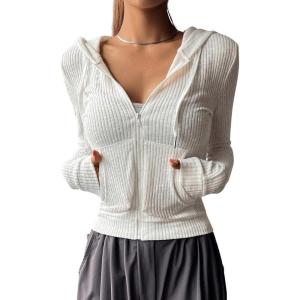 image:imageGORGLITTER Womens Lightweight Zip Up Hoodie Drawstring Long Sleeve Cropped JacketWhite