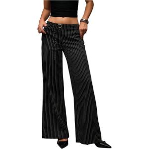 image:imageGORGLITTER Womens Low Rise Going Out Formal Dress Pants Wide Leg Work Slacks Pants Business Casual Outfits TrousersBlack Striped