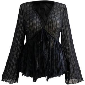 image:imageGORGLITTER Womens Plus Size Mesh Bell Sleeve Top 70s Tie Front Paisley Boho Peplum Babydoll Tops BlouseBlack