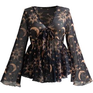 image:imageGORGLITTER Womens Plus Size Mesh Bell Sleeve Top 70s Tie Front Paisley Boho Peplum Babydoll Tops BlouseMulti Black
