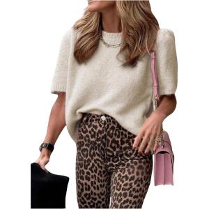image:imageGORGLITTER Womens Puff Sleeve Crewneck Knit Shirt Top Short Sleeve Solid Loose SweaterApricot Pure