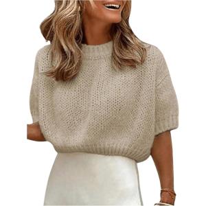 image:imageGORGLITTER Womens Puff Sleeve Crewneck Knit Shirt Top Short Sleeve Solid Loose SweaterApricot Solid