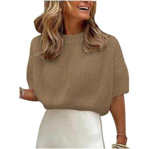 image:imageGORGLITTER Womens Puff Sleeve Crewneck Knit Shirt Top Short Sleeve Solid Loose SweaterBrown