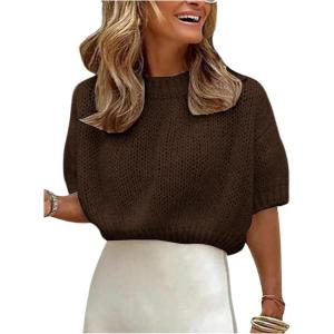 image:imageGORGLITTER Womens Puff Sleeve Crewneck Knit Shirt Top Short Sleeve Solid Loose SweaterCoffee Brown