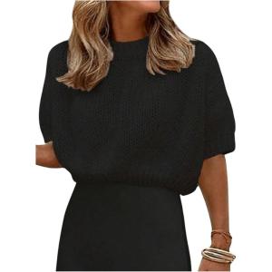 image:imageGORGLITTER Womens Puff Sleeve Crewneck Knit Shirt Top Short Sleeve Solid Loose SweaterCrop Black