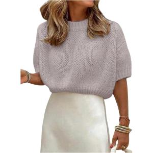 image:imageGORGLITTER Womens Puff Sleeve Crewneck Knit Shirt Top Short Sleeve Solid Loose SweaterGrey