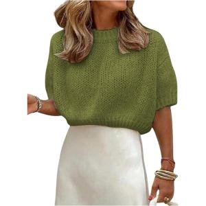 image:imageGORGLITTER Womens Puff Sleeve Crewneck Knit Shirt Top Short Sleeve Solid Loose SweaterSolid Green
