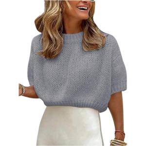 image:imageGORGLITTER Womens Puff Sleeve Crewneck Knit Shirt Top Short Sleeve Solid Loose SweaterSolid Grey
