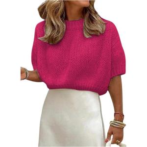 image:imageGORGLITTER Womens Puff Sleeve Crewneck Knit Shirt Top Short Sleeve Solid Loose SweaterSolid Hot Pink