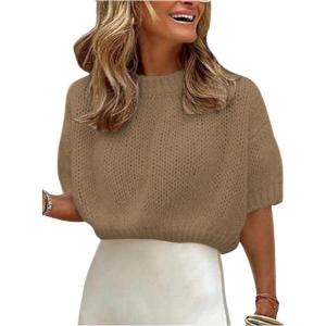 image:imageGORGLITTER Womens Puff Sleeve Crewneck Knit Shirt Top Short Sleeve Solid Loose SweaterSolid Khaki