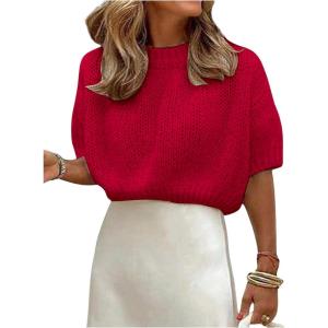 image:imageGORGLITTER Womens Puff Sleeve Crewneck Knit Shirt Top Short Sleeve Solid Loose SweaterSolid Red