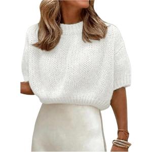 image:imageGORGLITTER Womens Puff Sleeve Crewneck Knit Shirt Top Short Sleeve Solid Loose SweaterWhite